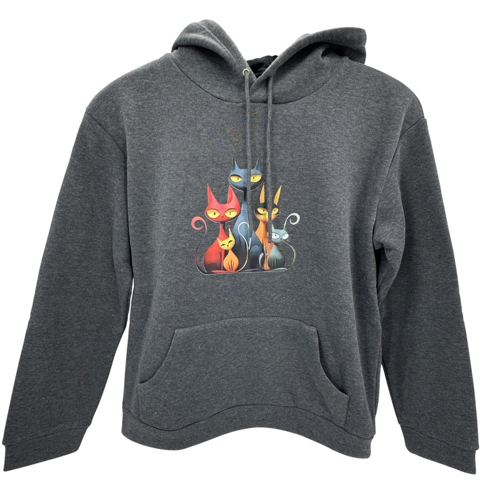 Hoodie Women L Gray Mid‎ Century Atomic Cat Graphic Pullover Sweatshirt